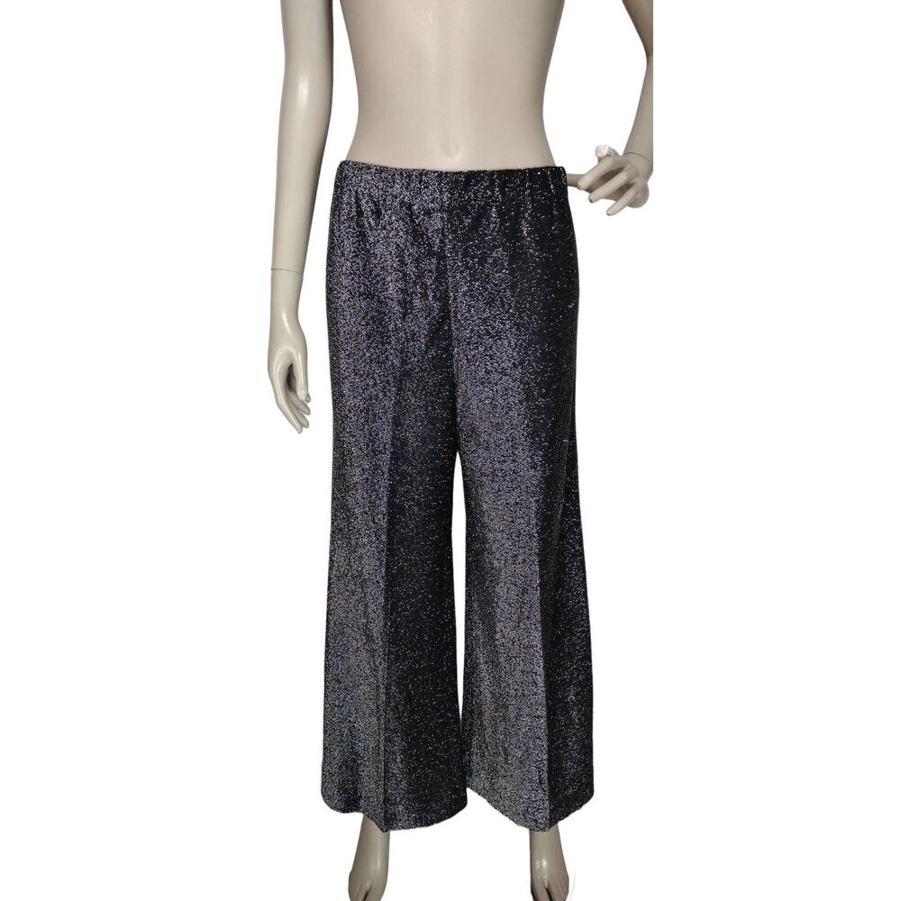 Vintage 70s Lurex Black Metallic Silver Elastic High-Waist Wide Leg Pants S/M/L